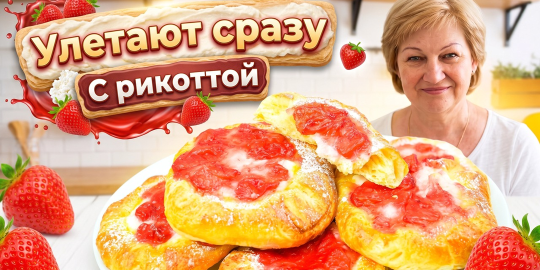 Быстрые ватрушки с рикоттой и клубникой из слоёного теста — нежные, сочные и очень красивые!