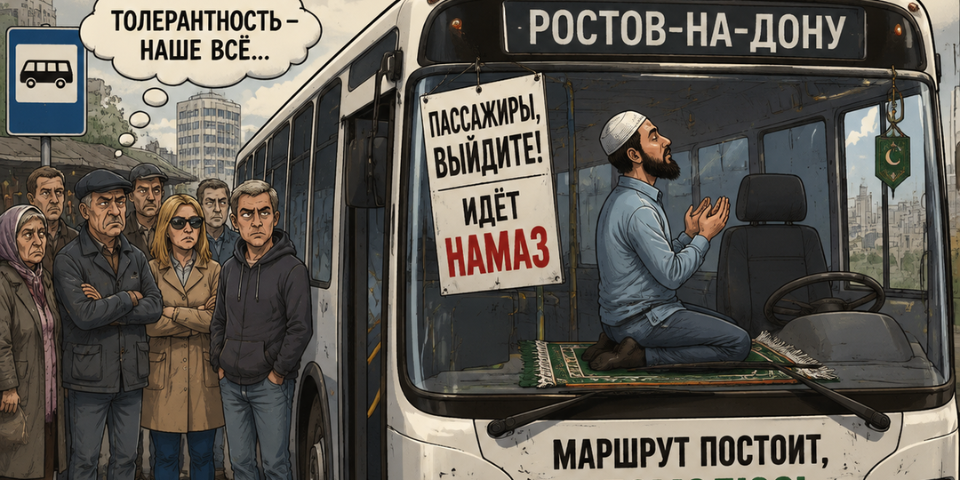 «Трудолюбивый» водитель автобуса, забив на пассажиров и на законы РФ, делает намаз в салоне, а толпа толератных «степашек» молча ждет