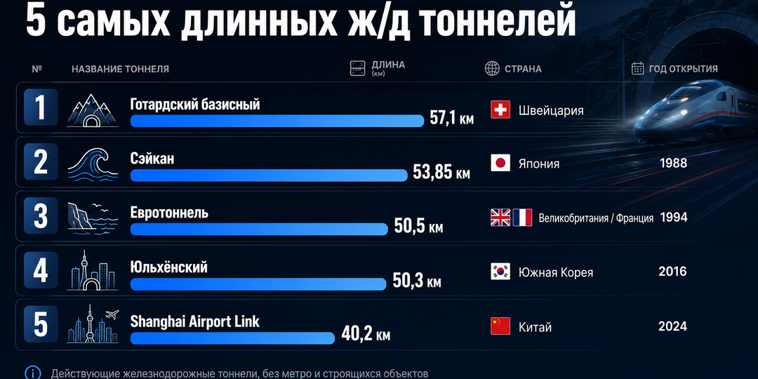 Топ-5 самых длинных железнодорожных тоннелей