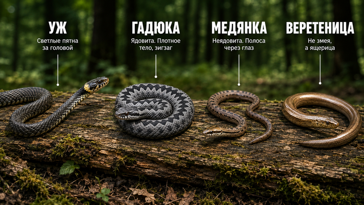 Уж, гадюка, медянка и веретеница: кто ядовит, а кто даже не змея