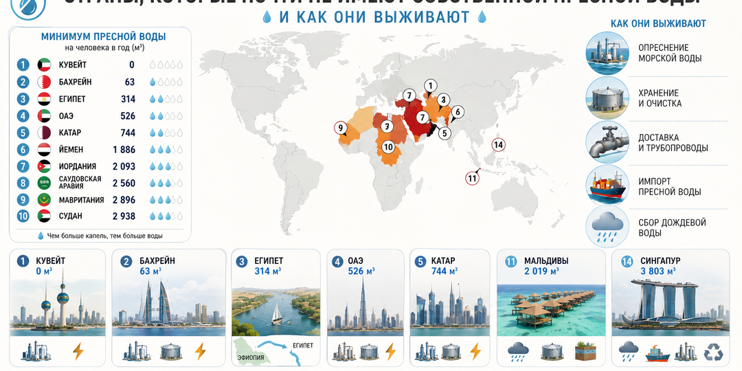 Какие страны почти не имеют собственной пресной воды и как они выживают