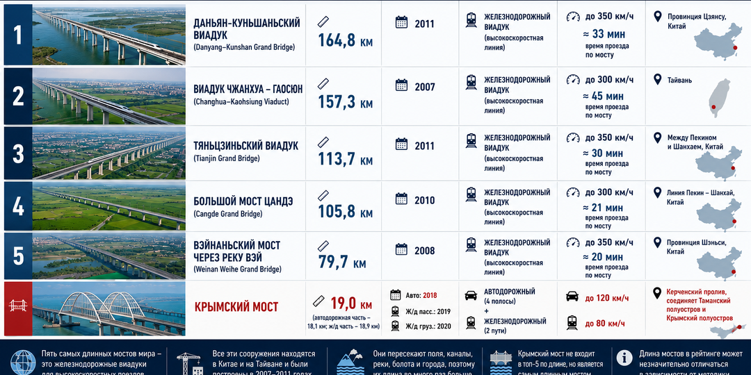 Пять самых длинных мостов планеты и место Крымского моста в мировом рейтинге