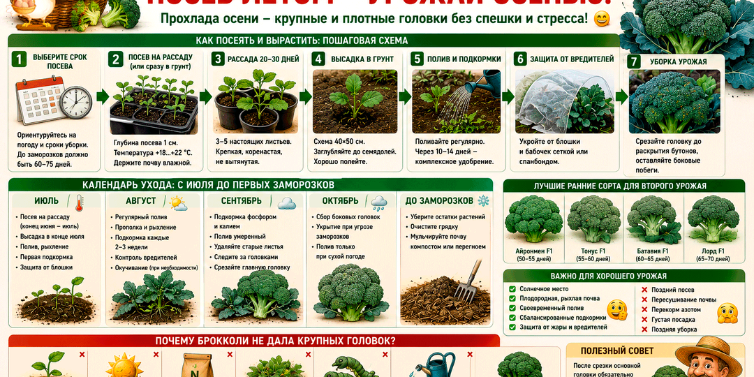 Брокколи на второй урожай – как посеять летом и собрать крепкие зелёные головки осенью, а не букет жёлтых цветов? 🥦🤔