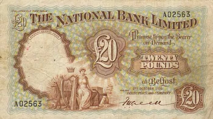 20 фунтов 1939 года, Банк Северной Ирландии. Возможно, напечатаны немцами.