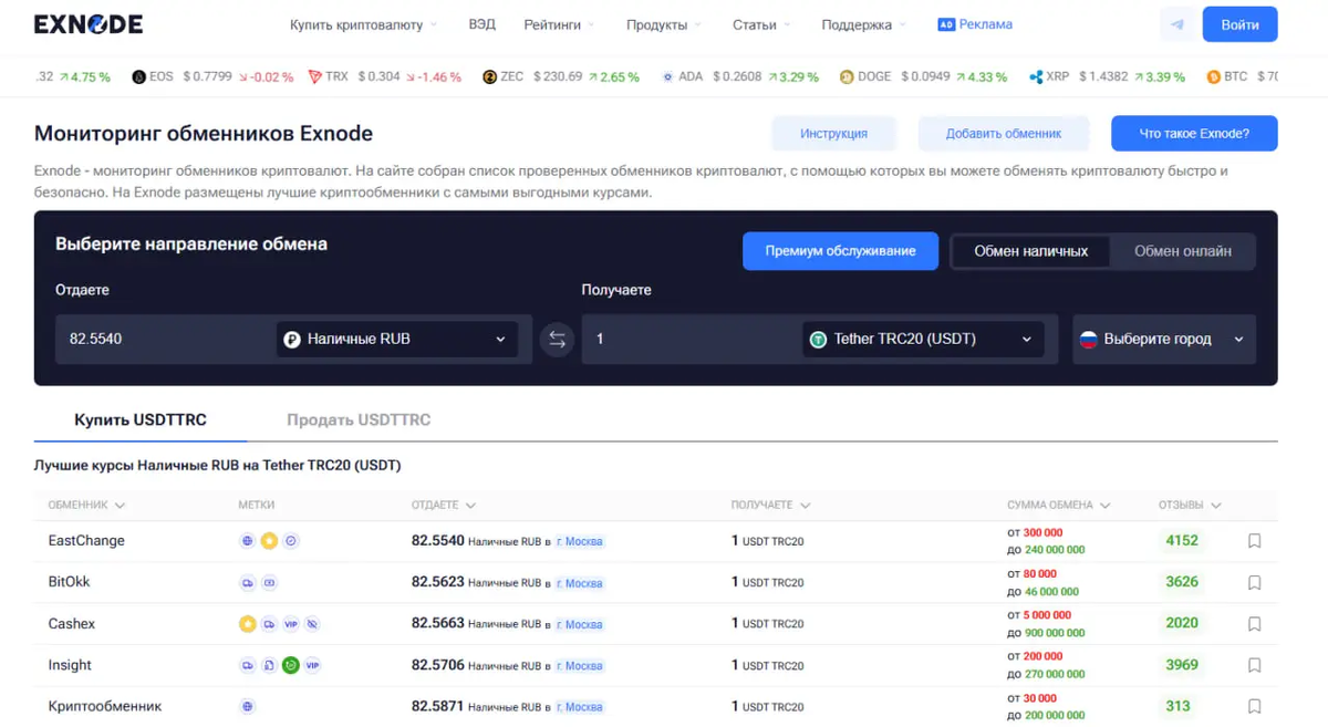 Exnode - мониторинг криптообменников