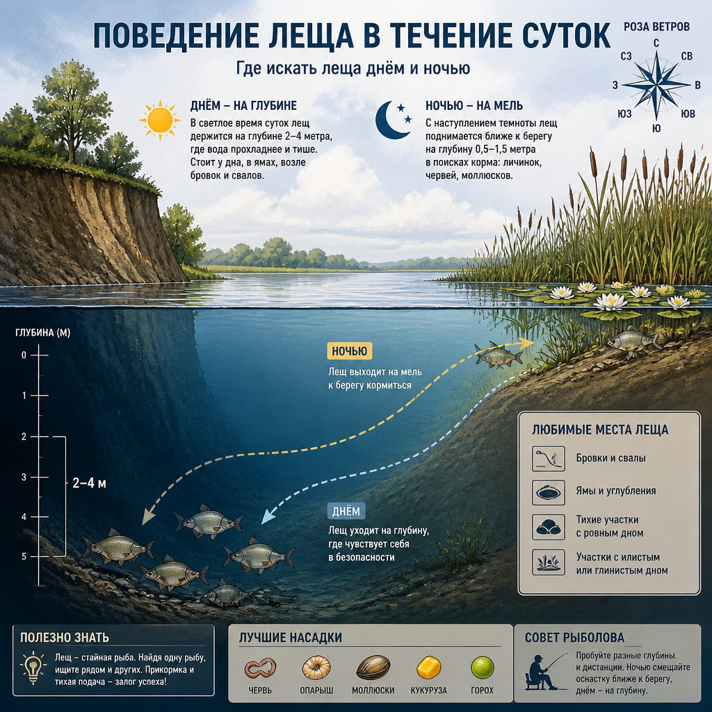 Схема-инфографика поперечного разреза реки: указаны глубины, места стоянки леща у дна на 2-4 метрах, стрелки дневного и ночного перемещения рыбы, заросли камыша и кувшинок на мелководье