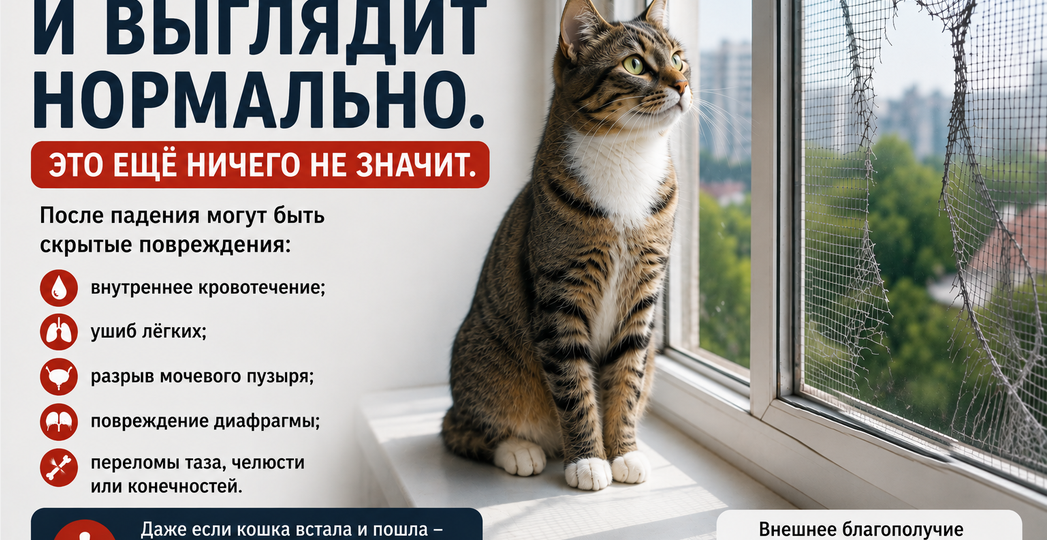 После падения с высоты кошка может выглядеть совершенно здоровой
