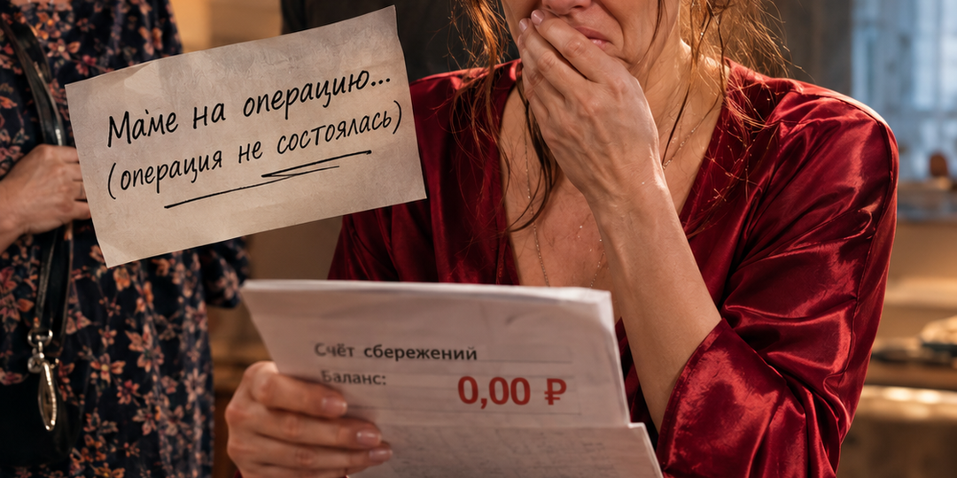 Я открыла накопительный счёт — там должно было быть 340 000 рублей. Счёт был пустой. Муж сказал: отдал маме на операцию. Операции не было