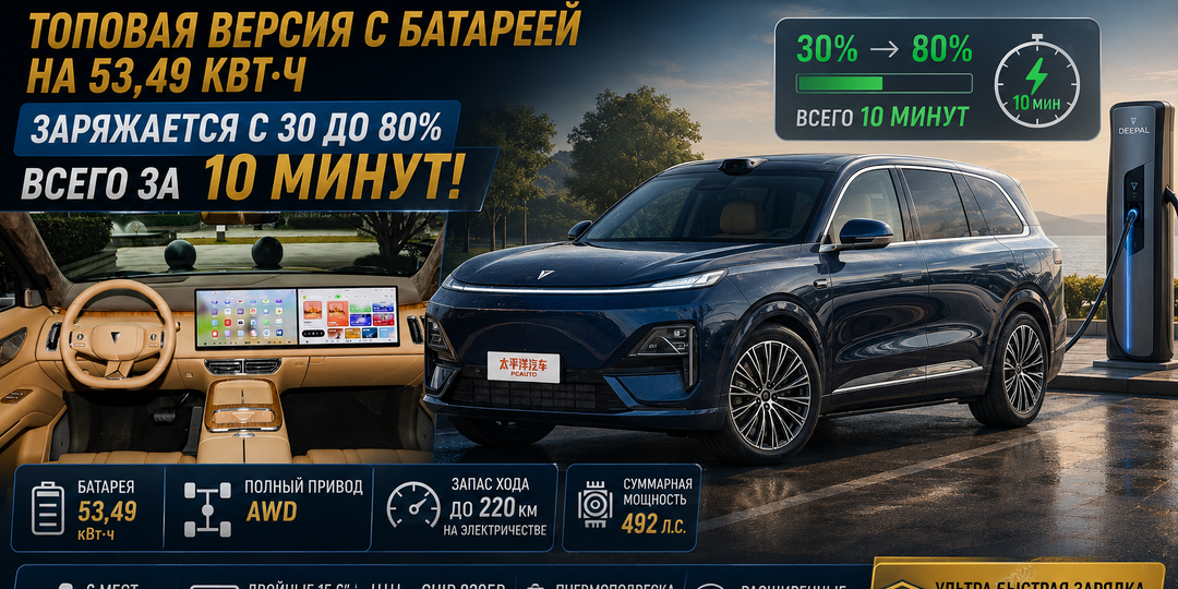 Deepal S09 2025 AWD Ultra Bespoke: топовая версия с батареей на 53,49 кВт·ч заряжается с 30 до 80% за 10 минут ⚡