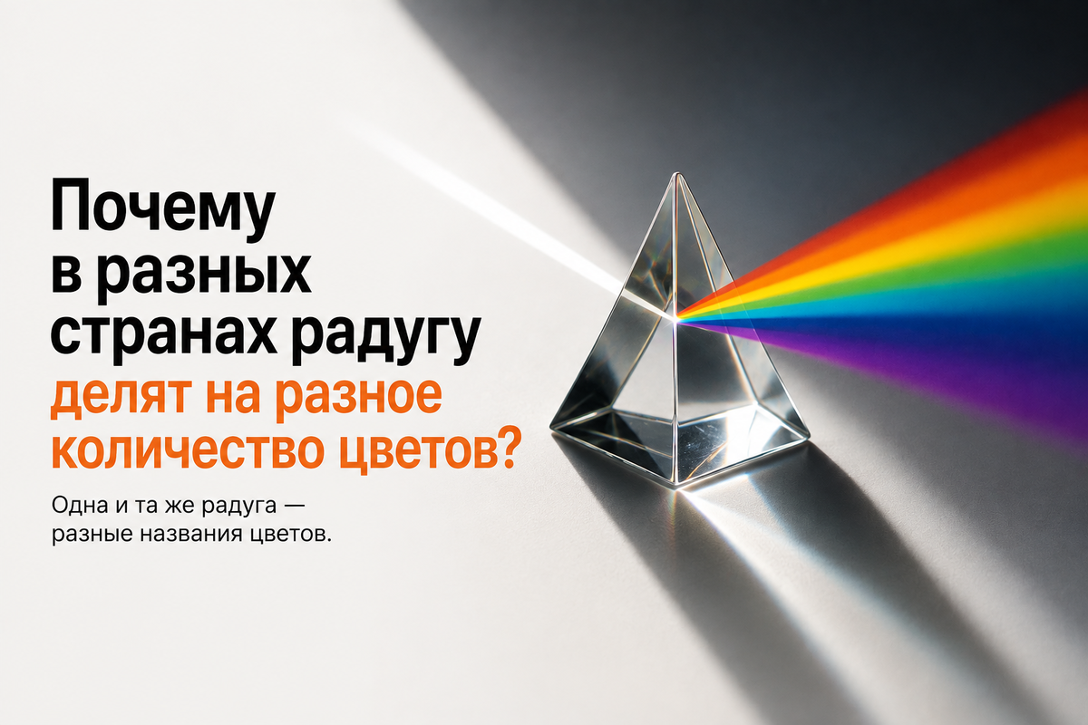 Стеклянная призма разлагает белый свет на спектр цветов, иллюстрируя, что радуга представляет собой непрерывный спектр. Изображение создано с помощью ИИ.