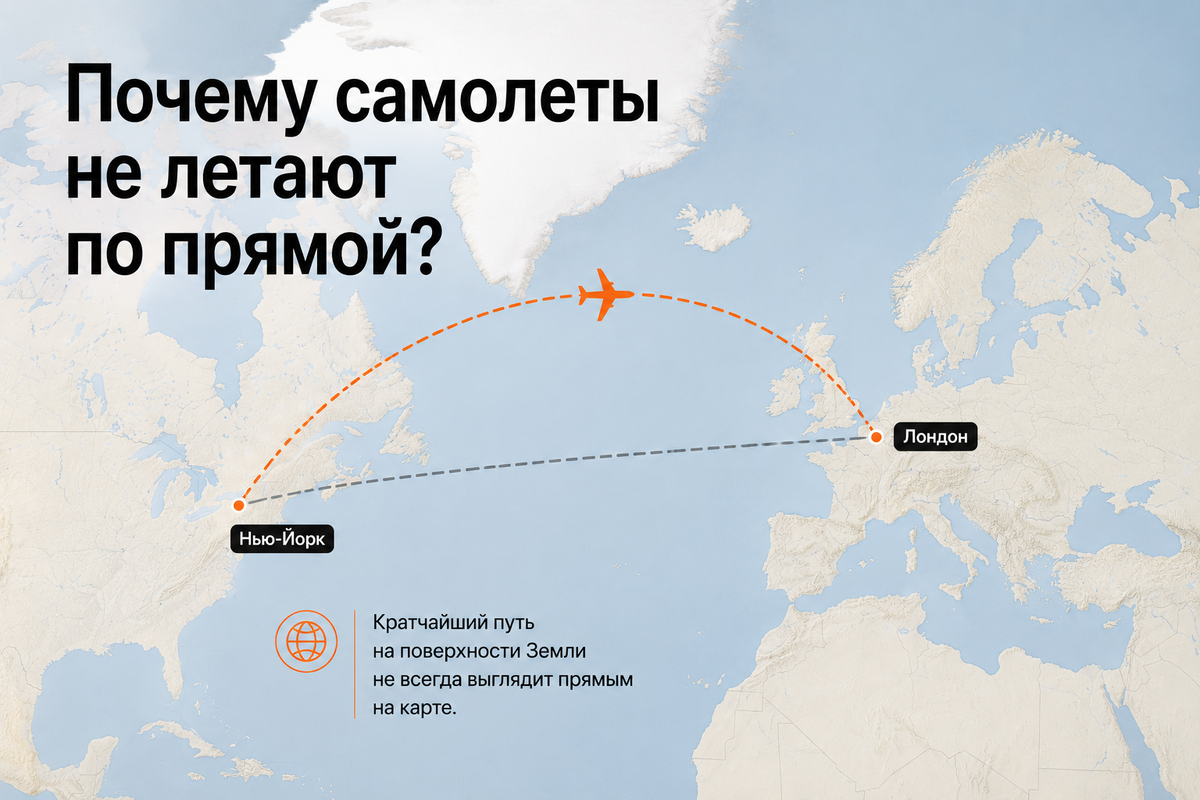 Самолет летит по дуге между Европой и Северной Америкой, показывая кратчайший маршрут на поверхности Земли. Изображение создано с помощью ИИ.