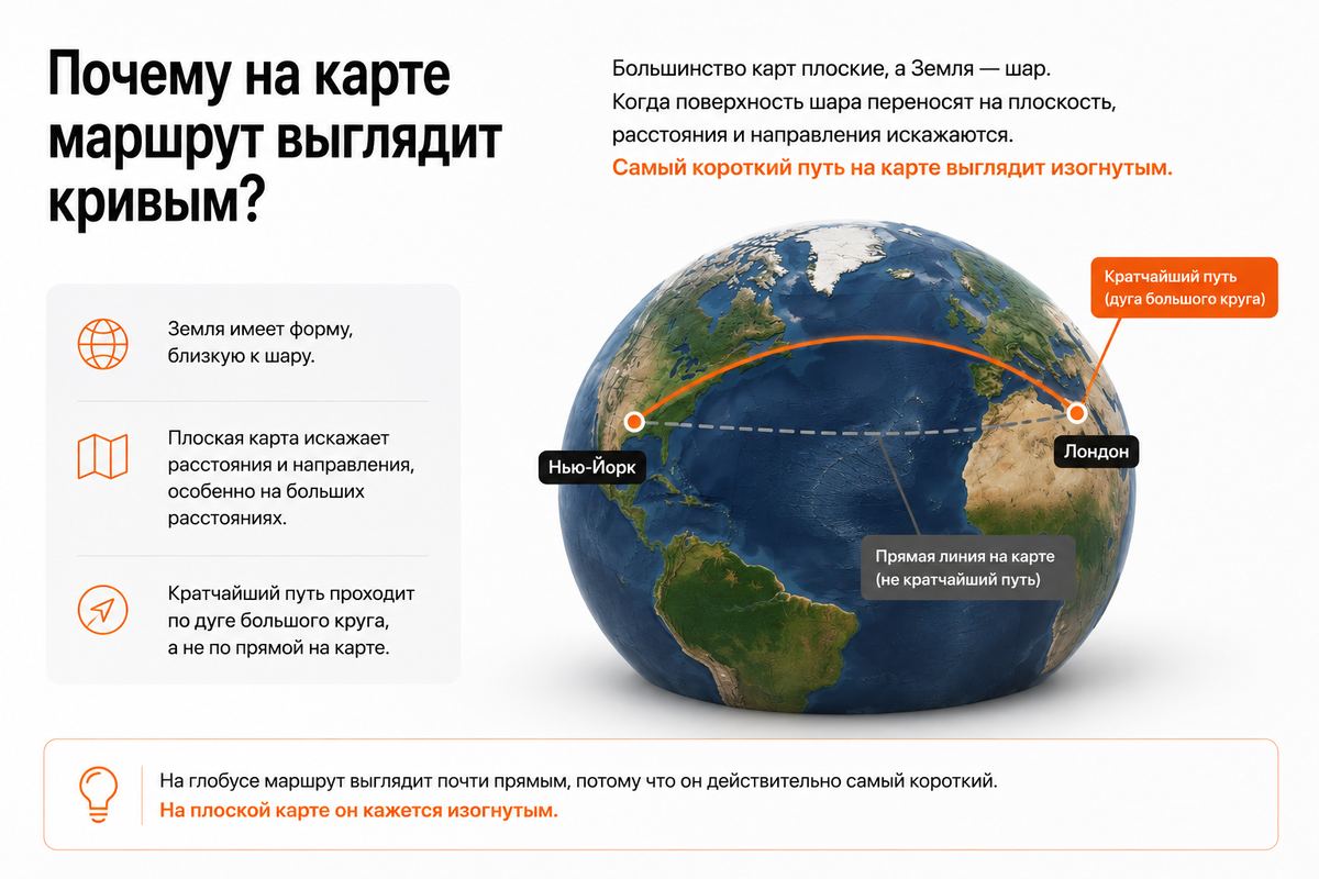 Глобус с маршрутом между Нью-Йорком и Лондоном показывает, почему кратчайший путь на поверхности Земли проходит по дуге большого круга. Изображение создано с помощью ИИ.