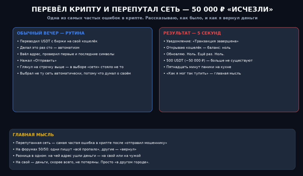 Перепутанная сеть — это, наверное, самая частая ошибка в крипте после «отправил мошеннику».
