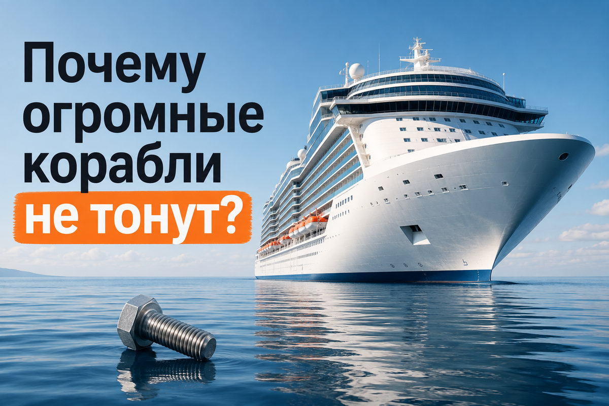 Огромный круизный лайнер рядом с маленьким металлическим болтом показывает, почему даже самые тяжелые корабли могут оставаться на поверхности воды. Изображение создано с помощью ИИ.