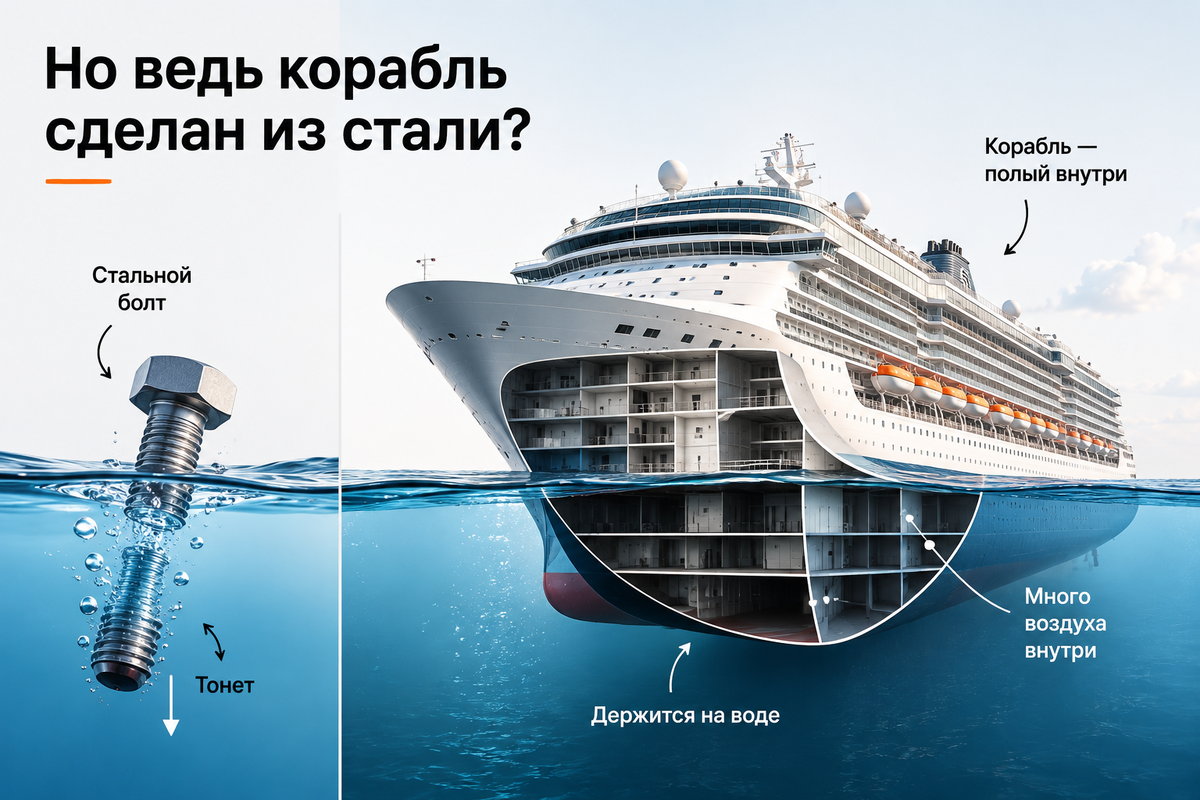 Сравнение показывает, что стальной болт тонет, а полый корпус корабля с заполненными воздухом отсеками остается на поверхности воды. Изображение создано с помощью ИИ.