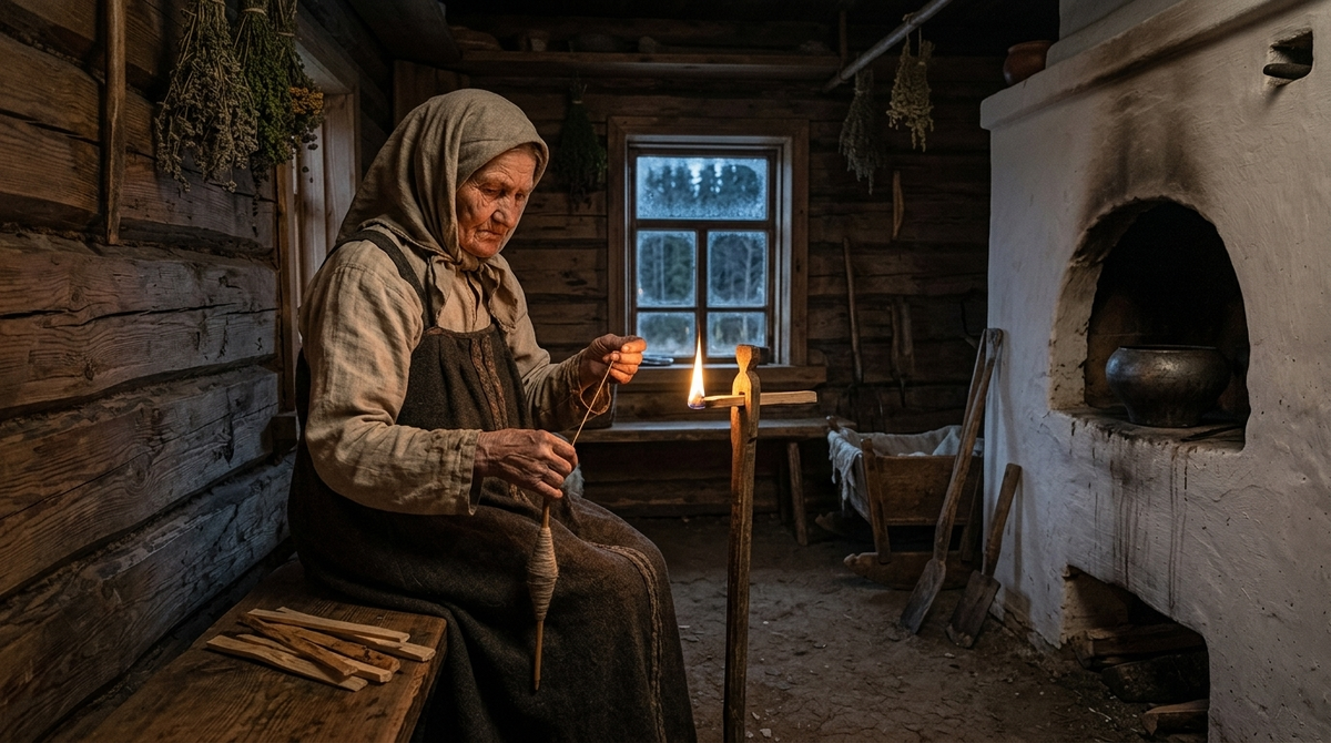 Лучина горела быстро, и рядом всегда лежал запас сухих щепочек. За один тихий вечер женщина успевала напрясть столько нити, сколько хватало на пару холстин. Треск огня и звук веретена были не фоном, а ритмом её дня.