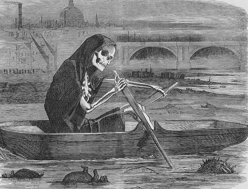 Смерть спокойно гребет по Темзе, и викторианская карикатура превращает городской смрад в прямую угрозу каждому лондонцу.