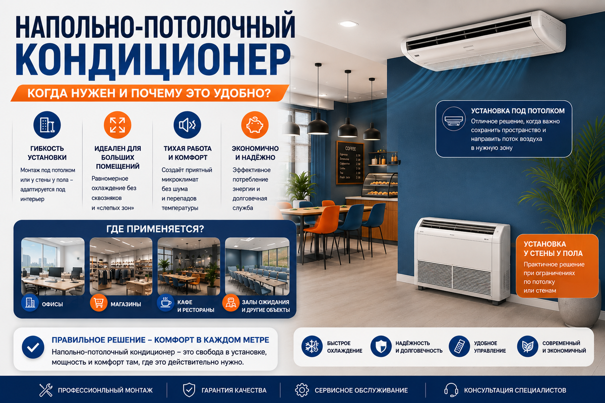 Разбираем, в каких случаях устанавливают напольно-потолочный кондиционер, где его лучше размещать, чем он отличается от настенной сплит-системы и какие есть преимущества.
