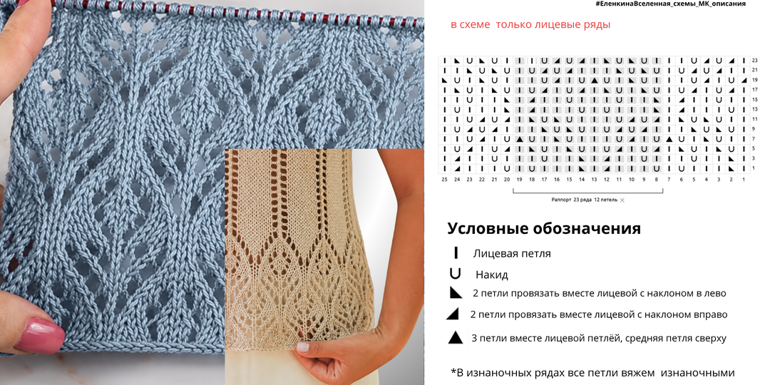 Элегантный "растительный" ажур раппорт 12 петель × 23 ряда - Схема узора