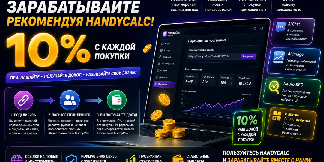 Пользуетесь нейросетями? В HandyCalc теперь можно получать 10% за рекомендации