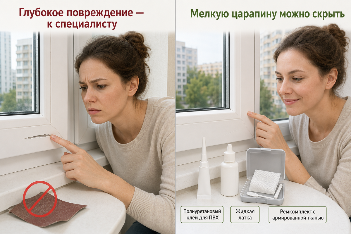 Сравнение поверхностной и глубокой царапины на пластиковом профиле