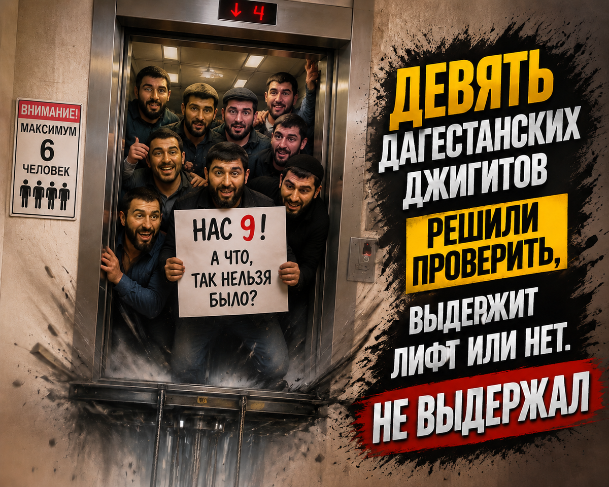 Девять дагестанских джигитов решили проверить, выдержит лифт или нет. Не выдержал...