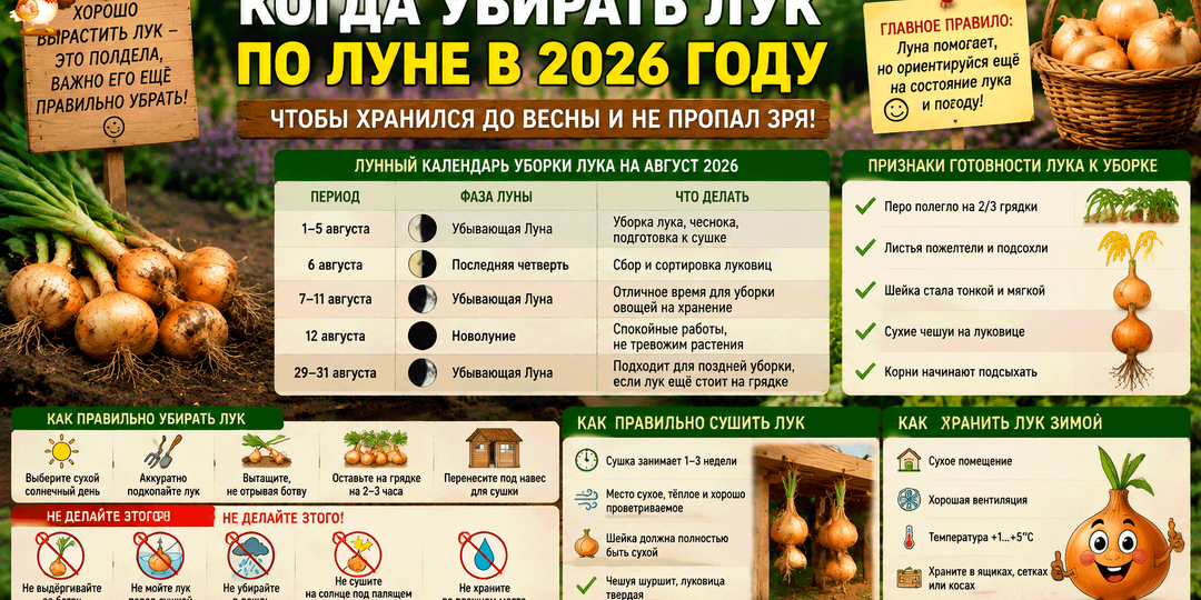 Когда убирать лук по луне в 2026 году – как не потерять урожай и сохранить луковицы до весны