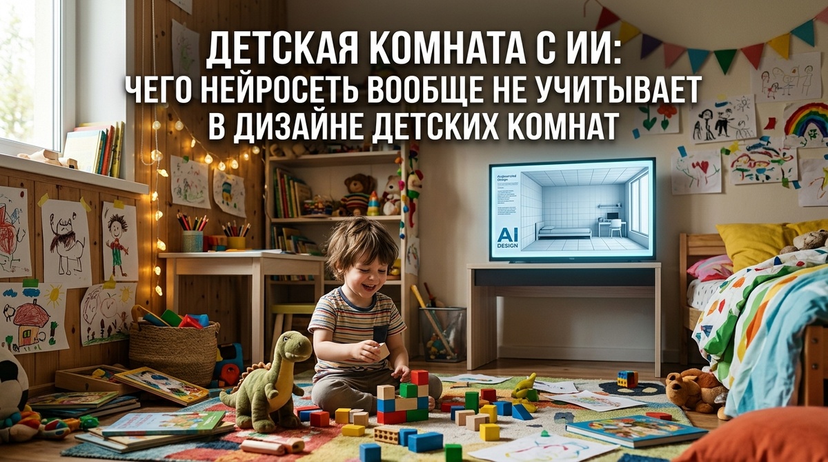 Иллюстрация сгенерированного нейросетью интерьера детской комнаты, демонстрирующая разрыв между визуальной эстетикой и практическими требованиями