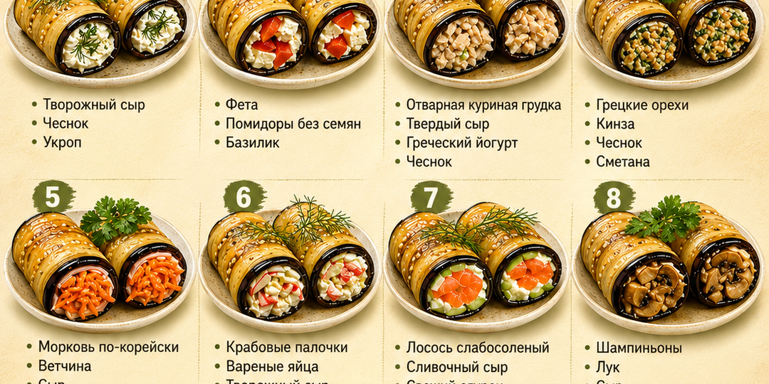 🍆 Когда хочется приготовить идеальную летнюю закуску: удобная кулинарная шпаргалка по 12 отличным начинкам для рулетиков из баклажанов