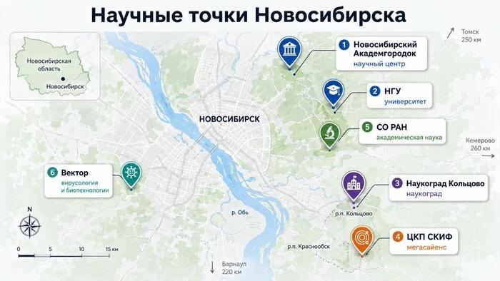 Научные точки Новосибирска: Академгородок, НГУ, СО РАН, наукоград Кольцово, центр «Вектор» и ЦКП СКИФ. Инфографика: Life.ru
