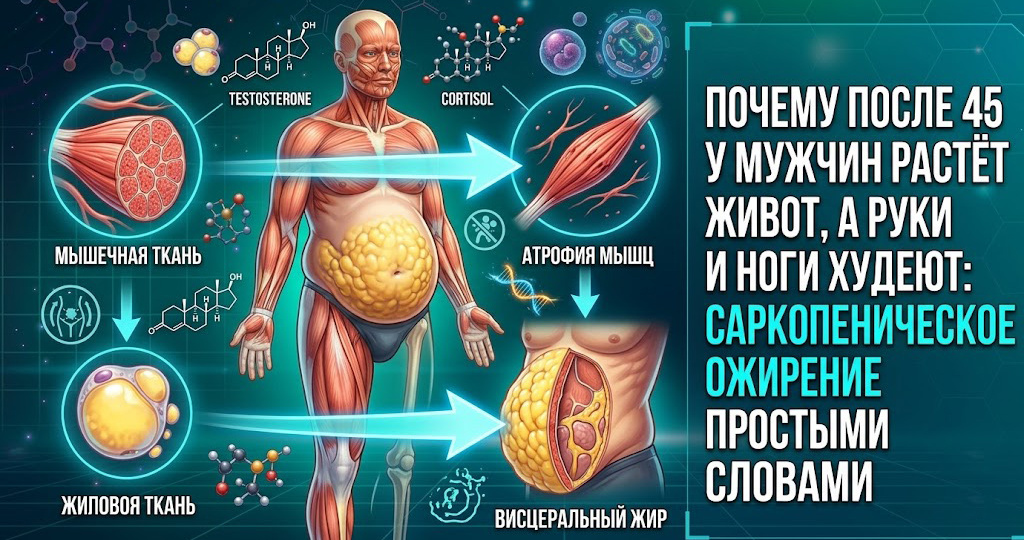 Почему после 45 у мужчин растёт живот, а руки и ноги худеют: саркопеническое ожирение простыми словами