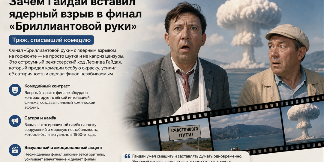 Зачем Гайдай вставил ядерный взрыв в финал «Бриллиантовой руки»: трюк, спасавший комедию