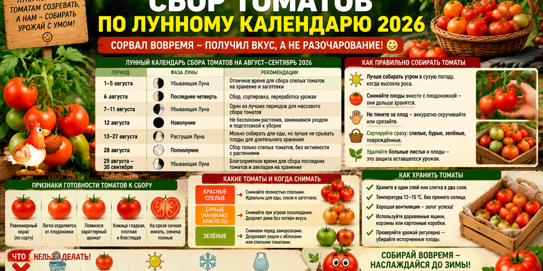 Сбор томатов по лунному календарю 2026 – когда снимать помидоры, чтобы урожай был сладким, крепким и не сгнил в ящиках