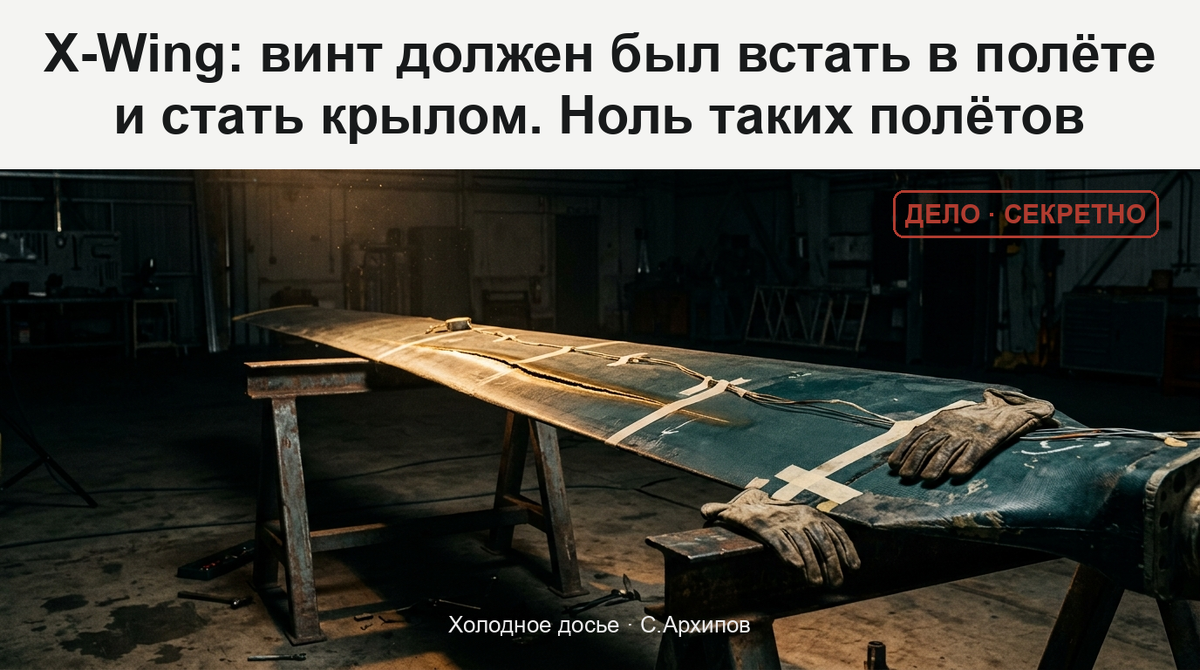 Одинокая композитная лопасть на козлах в ангаре — в её главном лонжероне нашли расслоение раньше, чем она поднялась в воздух.
