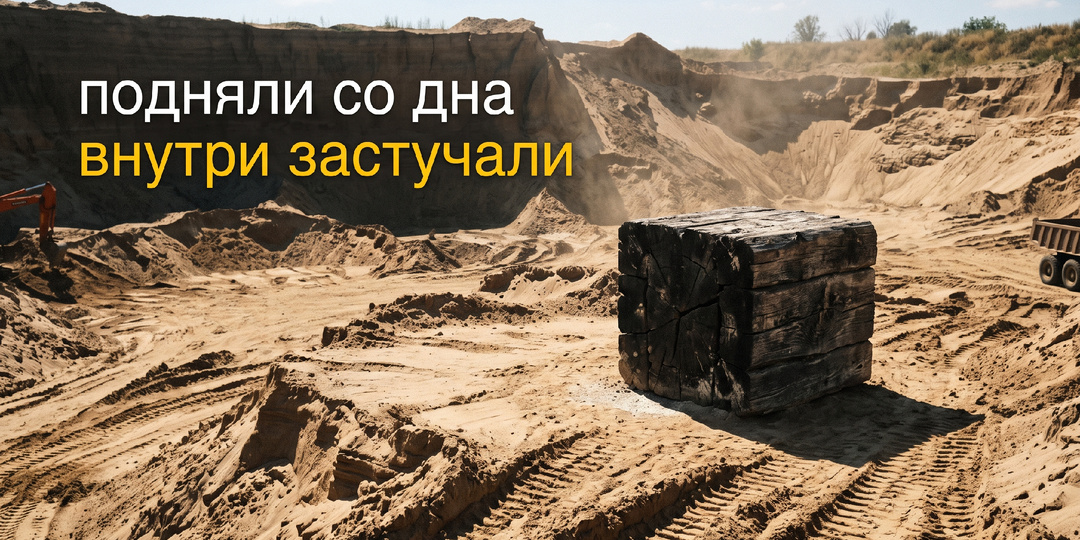 В песчаном карьере нельзя поднимать черные бревна. Я зацепил сруб пятикубовым ковшом.