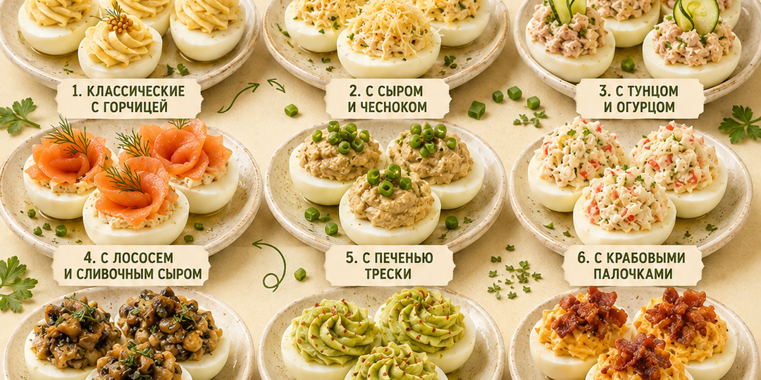 🥚 Когда хочется приготовить закуску на праздничный стол: удобная кулинарная шпаргалка по 12 идеям фаршированных яиц