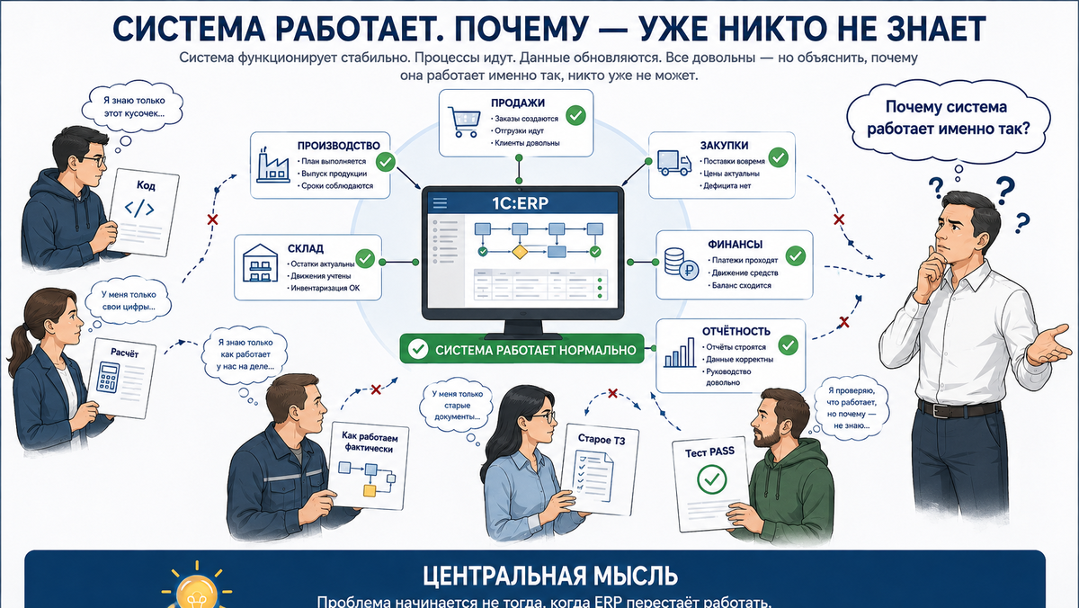 Справа руководитель задаёт общий вопрос: «Почему система работает именно так?» Важно, чтобы изображение показывало не отказ системы, а противоположную ситуацию: всё функционирует, однако никто не способен собрать целостное объяснение.