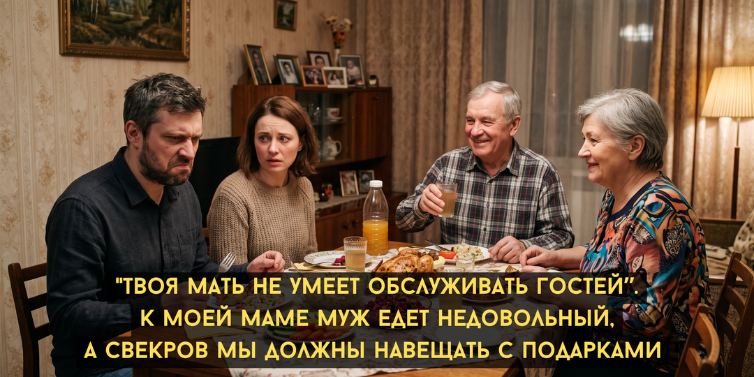 "Твоя мать не умеет обслуживать гостей". К моей маме муж едет недовольный, а свекров мы должны навещать с подарками