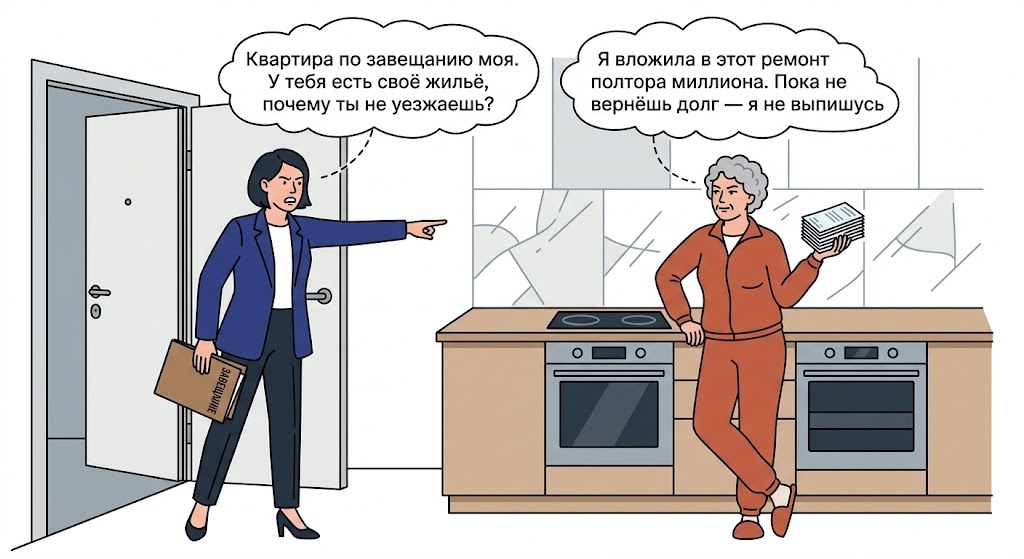 Женщина развелась с отцом два года назад, но осталась жить в его квартире — а теперь требует компенсацию и отказывается выписываться. Отец обещал ее не выгонять. Но в завещании об этом нет ни слова