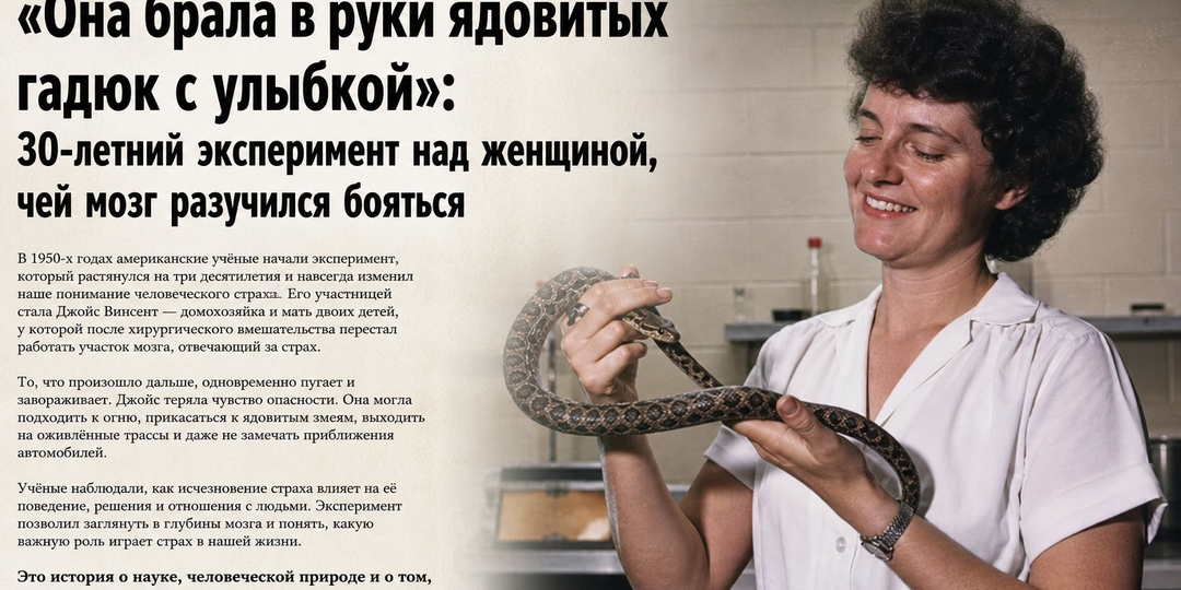 «Она брала в руки ядовитых гадюк с улыбкой»: 30-летний эксперимент над женщиной, чей мозг разучился бояться