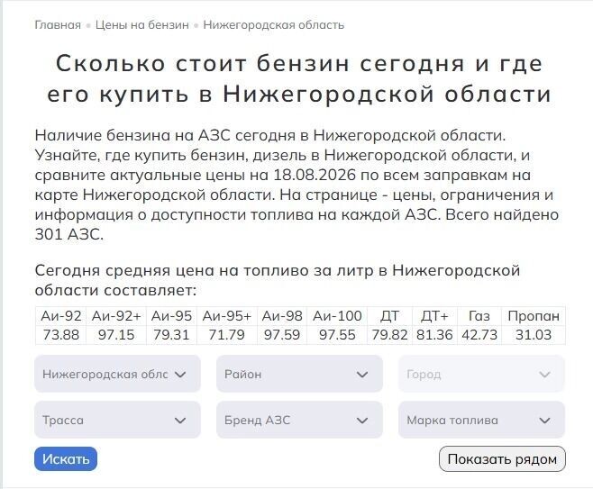    Цены на АЗС в Нижнем Новгороде и Нижегородской области   russiabase.ru