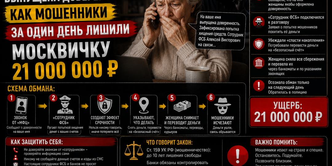 «На ваше имя выпущена доверенность»: как мошенники за один день лишили москвичку 21 миллиона рублей