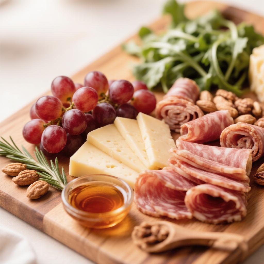 праздничный стол с сырной и мясной нарезкой, оформленной веером и рулетами, с зеленью и ягодами.