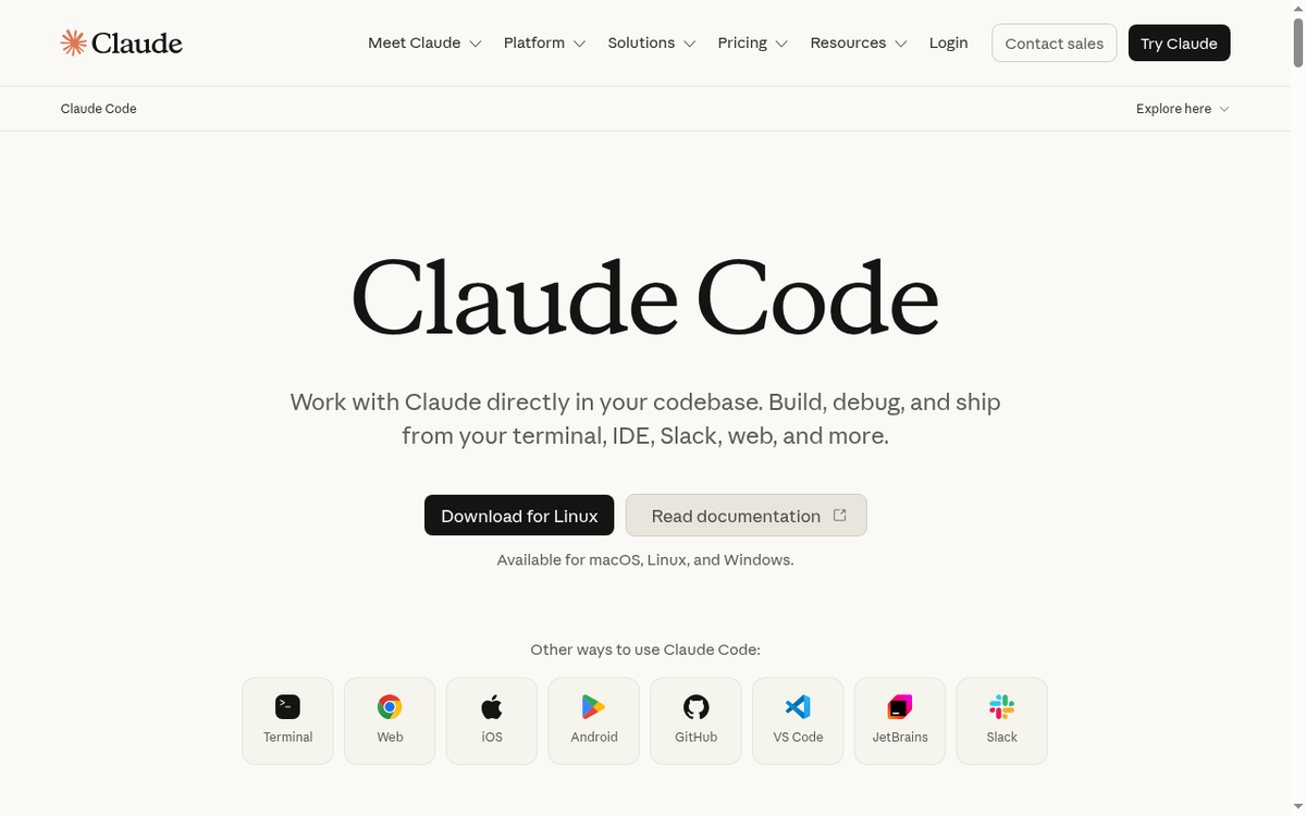 Официальная страница Claude Code: агент работает прямо в папке с проектом.