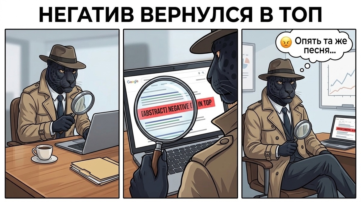 Пантера-детектив с лупой изучает поисковую выдачу на ноутбуке, где снова виден негативный результат
