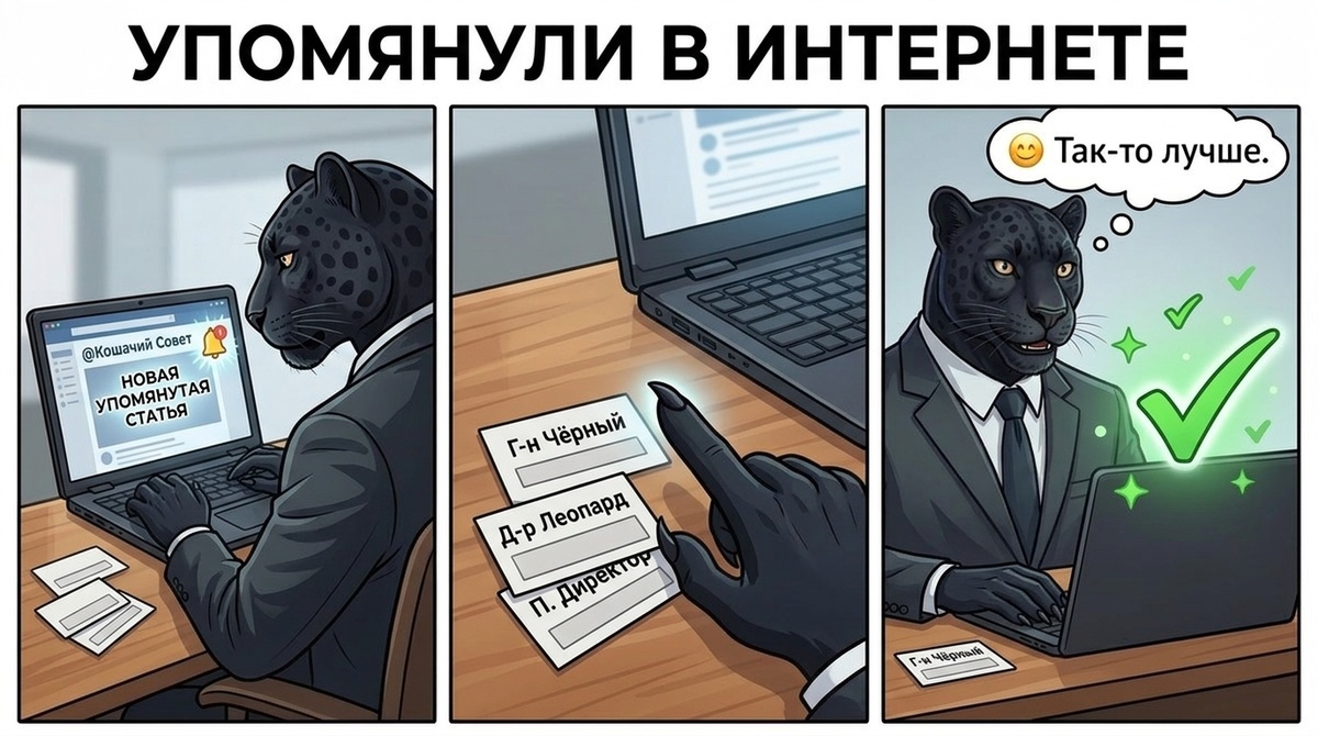 Пантера у ноутбука проверяет уведомление о новой публикации по имени человека