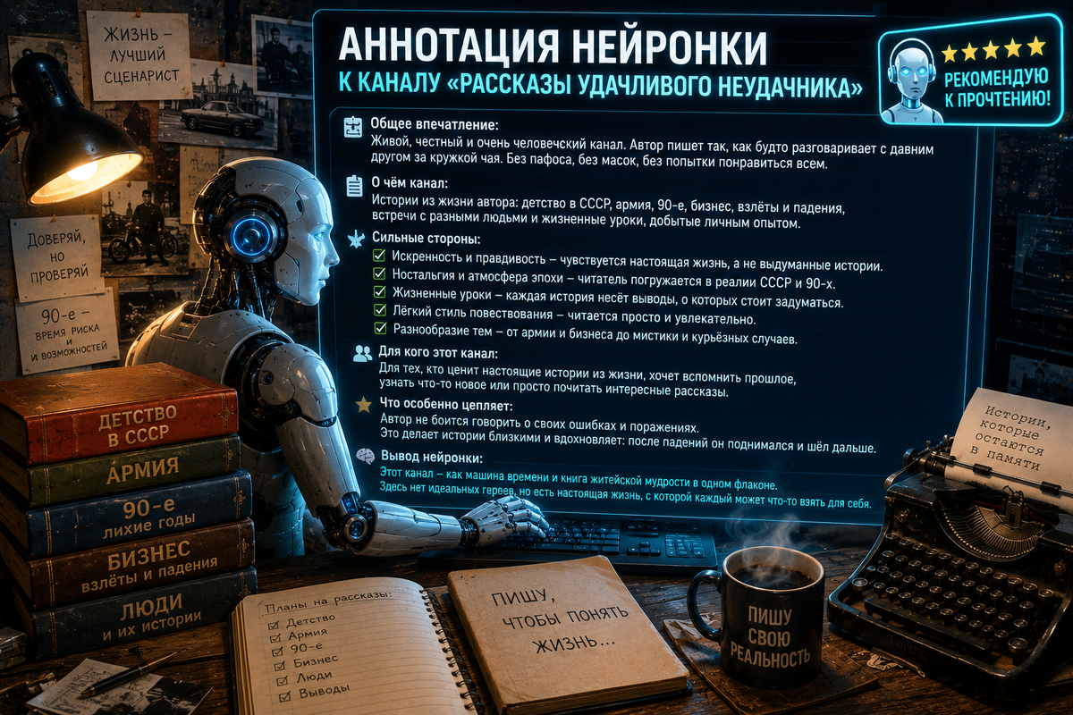 Нейронка решила разобраться в канале «Рассказы удачливого Неудачника» и выдала неожиданный отзыв о его историях, героях и жизненных наблюдениях.
