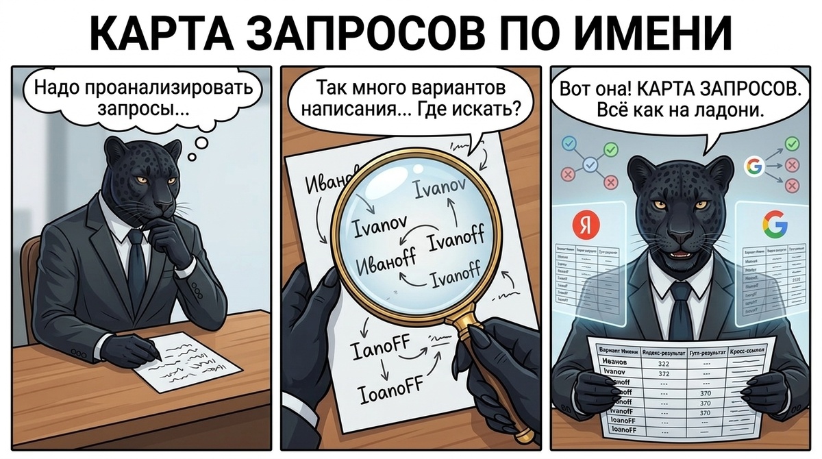 Пантера с лупой изучает лист с вариантами написания имени и два экрана поиска Яндекс и Google