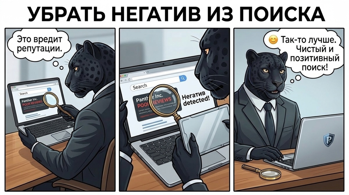 Пантера с лупой закрывает негативный результат в поисковой выдаче на экране ноутбука