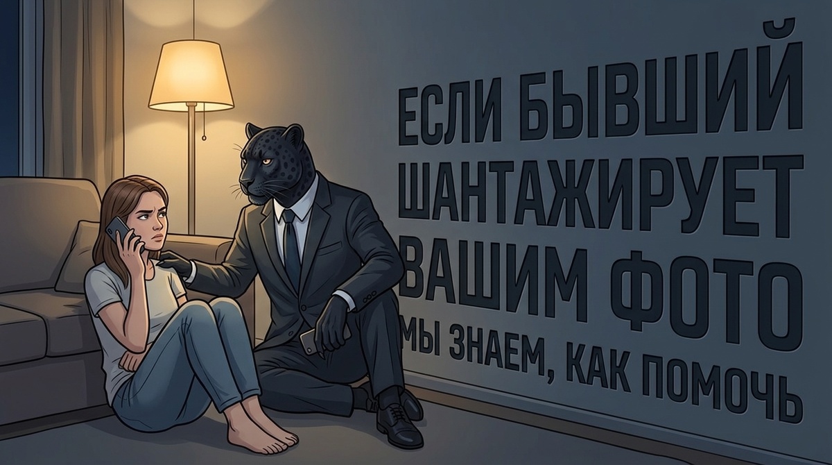 Женщина сидит на полу с телефоном в опущенной руке, рядом пантера в костюме держит лапу у неё на плече
